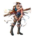  1boy abs absurdres bara bare_pectorals black_hair boots bulge commentary_request facial_hair full_body hat highres jewelry large_pectorals long_legs looking_at_viewer male_focus manly mature_male medium_hair muscular muscular_male necklace original pants pectoral_cleavage pectorals recenama scar scar_on_face shirt sideburns solo straw_hat stubble sword thick_thighs thighs tight_clothes torn_clothes torn_pants weapon white_background 