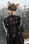 absurd_res anthro bdsm_gear bedroom_eyes big_bulge black_latex bodysuit bonebarrk brown_body brown_fur bulge canid canine canis clothing coyote fur glistening glistening_body hands_behind_back harness hi_res kenai_(coyote) latex latex_clothing latex_skinsuit licking licking_lips male mammal narrowed_eyes orange_body orange_fur scar seductive skinsuit solo standing tail tight_clothing tongue tongue_out white_body white_fur