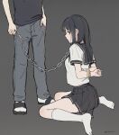  1boy 1girl arms_behind_back black_background black_eyes black_hair black_sailor_collar black_shirt black_skirt bound bound_arms breasts chain chain_leash commentary_request expressionless grey_pants hand_in_pocket highres holding holding_chain kneehighs leash long_hair looking_at_viewer looking_to_the_side medium_breasts miniskirt natsu_no_kusari no_shoes nyan_o2 okuno_shinji pants pleated_skirt profile sailor_collar sandals school_uniform serafuku shirai_mitsuki shirt short_sleeves simple_background sitting skirt socks wariza white_shirt white_socks 
