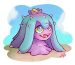  blue_eyes colored_sclera fangs looking_at_viewer mareanie nellcher no_humans open_mouth pokemon pokemon_(creature) signature solo spikes yellow_sclera 