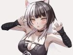  1girl absurdres animal_ears arm_warmers black_arm_warmers black_choker black_dress black_hair breasts cat_ears cat_girl choker claw_pose cleavage dress highres hololive hololive_english looking_at_viewer multicolored_hair nurizza_ilst shiori_novella shiori_novella_(1st_costume) solo split-color_hair two-tone_hair virtual_youtuber white_hair yellow_eyes 