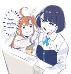  2girls ahoge azabu_mai blue_dress blue_eyes blue_hair blush center_frills chips_(food) commentary_request computer dress dress_shirt food frills high-waist_skirt highres ikizulive!_love_live!_bluebird laptop long_sleeves love_live! multiple_girls okpriko one_side_up open_mouth orange_hair potato_chips red_eyes shirt skirt takahashi_polka translation_request white_background white_shirt 