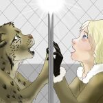 2012 ambiguous_gender arctic_ermine black_claws black_clothing black_gloves black_handwear blonde_hair blue_eyes brown_body brown_clothing brown_coat brown_fur brown_topwear claws clothing coat digital_drawing_(artwork) digital_media_(artwork) duo felid feline female feral fur gloves green_eyes hair handwear hi_res his_dark_materials human lips lynx lyra_belacqua mammal open_mouth pantalaimon pink_body pink_lips pink_nose pink_skin sad shaded snout soft_shading topwear