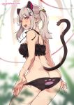  animal_ears ass back bell black_panties bra cat_ears cat_tail fake_animal_ears frilled_bra frills hair_bell hair_ornament highres open_mouth original panties red_eyes sharp_teeth super_zombie tail teeth twintails underwear 