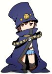  1girl beeru_(veil8801) belt belt_buckle blue_cloak blue_hat blue_skirt boogiepop boogiepop_(character) brown_belt brown_eyes brown_hair buckle cloak commentary_request deformed full_body hat highres legs_apart miniskirt pleated_skirt short_hair simple_background skirt solo standing tall_hat white_background yin_yang 