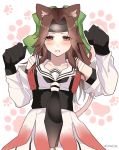  1girl animal_ears black_gloves black_neckwear blush brown_eyes brown_hair cat_ears claw_pose cowboy_shot detached_sleeves elbow_gloves forehead_protector gloves hair_intakes half_updo highres jintsuu_(kantai_collection) kantai_collection kozu_(bloomme1_me) long_hair looking_at_viewer necktie remodel_(kantai_collection) school_uniform serafuku solo twitter_username 