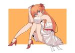  1girl armband armpits bare_shoulders blue_eyes breasts cleavage commentary_request dress flower hair_ribbon hands_on_own_head high_heels highres long_hair looking_at_viewer neon_genesis_evangelion orange_background orange_hair red_flower red_ribbon red_rose red_shoes ribbon rose sashimi_(sasihmi) shoes simple_background smile solo souryuu_asuka_langley white_dress white_ribbon 