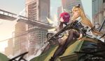  2girls absurdres arknights black_legwear blonde_hair bow_(weapon) bridge bull_horns city cityscape closed_eyes crossbow energy_wings exusiai_(arknights) god_hunter halo highres meteorite_(arknights) multiple_girls red_hair ruins sitting weapon 