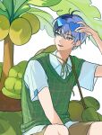  1boy aoyagi_touya blue-tinted_eyewear blue_eyes blue_hair brown_shorts coconut commentary eyewear_on_head green_sweater_vest hat heart heart-shaped_eyewear highres looking_to_the_side male_focus multicolored_hair palm_tree parted_lips project_sekai shirt short_sleeves shorts sideways_glance sitting smile solo split-color_hair straw_hat sweater_vest szztzzs tinted_eyewear tree untranslatable_commentary unworn_hat unworn_headwear white_shirt wide_sleeves 