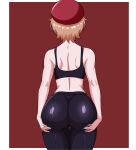  1girl ass beanie black_pants brown_background brown_hair clio_aite cowboy_shot facing_away from_behind gaijinsamaa hand_on_own_ass hat highres leather leather_pants leggings pants phase_connect shiny_clothes shiny_legwear short_hair simple_background sports_bra virtual_youtuber 