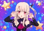  1girl :o an_icy_cat bangs bare_shoulders commentary_request double_v emotional_engine_-_full_drive eyebrows_visible_through_hair fate/kaleid_liner_prisma_illya fate_(series) feathers hair_feathers hair_ornament highres long_hair long_sleeves looking_at_viewer open_mouth red_eyes smile solo star star_hair_ornament star_print testament_(fate) v 