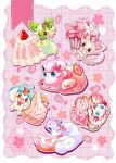  alolan_vulpix blue_eyes bonnet border bow brown_eyes cake cherry_blossoms commentary_request cupcake donut flower food food_focus gelatin hat highres jigglypuff mew_(pokemon) minccino no_humans pachirisu petals pink_background pink_eyes pokemon pokemon_(creature) pokemon_focus smile sprigatito swiss_roll top_hat toro_nika whipped_cream white_border 