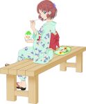  1girl aqua_kimono artist_request bench blue_eyes breasts closed_mouth floral_print floral_print_kimono flower food from_side full_body game_cg hair_flower hair_ornament hand_fan highres holding_shaved_ice japanese_clothes kimono looking_at_viewer official_alternate_costume official_art on_bench one_eye_closed print_kimono red_hair red_sandals rose_(tales) sandals shaved_ice short_hair sitting smile solo tales_of_(series) tales_of_asteria tales_of_zestiria third-party_source transparent_background 