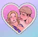  1boy 1girl biting biting_ear blonde_hair blue_border blush border braid cheekbones cloak couple dungeon_meshi elf furrowed_brow green_eyes hand_on_another's_chin hetero highres holding_another's_wrist kissing_ear laios_touden long_hair marcille_donato one_eye_closed open_mouth parted_bangs pink_background pointy_ears purple_cloak shirt short_hair tatjasng12 twin_braids upper_body white_shirt 