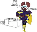 anthro bat batgirl belt big_breasts bottomwear braces breasts brown_nipples clothing cosplay dark_body dark_skin dialogue dorkzone english_text eyeshadow eyewear female fur glasses hi_res makeup mammal money nerd nipples pouch_(clothing) rouge_the_bat sega skirt solo sonic_the_hedgehog_(series) text under_boob white_body white_fur wings