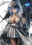  1girl asymmetrical_clothes azur_lane bangs black_legwear blue_eyes blue_hair blush breasts brown_hair chain chapayev_(azur_lane) cleavage_cutout cowboy_shot fur-trimmed_jacket fur_trim hair_ornament hairclip hat high_collar highres holding_chain jacket large_breasts looking_at_viewer military_hat mole mole_on_breast pantyhose peaked_cap pleated_skirt rigging short_hair skirt white_headwear white_jacket white_skirt yu_ni_t 