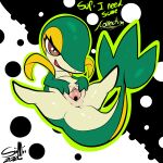 1:1 2026 3_fingers absurd_res anthro anus bedroom_eyes belly biped brown_eyes clitoral_hood dialogue digital_media_(artwork) english_text eyelashes featureless_feet feet female fingers generation_5_pokemon genitals geometric_background glistening glistening_genitalia glistening_tail glistening_thighs glistening_vulva green_arms green_body green_fingers green_hands green_outline half-closed_eyes hi_res inviting leaf leaf_tail lying markings mii2sii multicolored_body multicolored_tail narrowed_eyes nintendo nude on_back open_mouth outline plump_labia pokemon pokemon_(species) presenting presenting_vulva reptile scalie seductive serpentine signature simple_background snivy solo speech_marker spread_legs spread_vulva spreading tail tan_belly tan_body tan_legs tan_tail tan_vulva text thick_thighs vaginal vulva yellow_eyelids yellow_markings