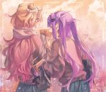  2girls absurdres alternate_costume aogami_high_school_uniform bag black_tail blonde_hair blue_skirt blush box box_of_chocolates brown_cardigan cardigan commentary couple crepe demon_girl demon_tail double_bun ear_piercing eating english_commentary food from_behind gradient_background gradient_hair green_eyes hair_bun hair_ornament hairclip heart heart_tail highres holding holding_crepe holding_food hololive legzy long_hair looking_at_another momosuzu_nene multicolored_hair multiple_girls orange_background piercing pink_background pink_hair pleated_skirt pointy_ears purple_hair scarf school_bag school_uniform shoulder_bag sidelocks signature skirt sweater tail tail_ornament tail_piercing tokoyami_towa twintails two_side_up valentine virtual_youtuber warm_colored white_scarf yuri 