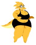 2026 absurd_res alphys animation_sensation anthro belly big_breasts black_bottomwear black_bra black_clothing black_sports_bra black_underwear bodily_fluids bottomwear bra breasts buckteeth cleavage clothed clothed_anthro clothed_female clothing digital_drawing_(artwork) digital_media_(artwork) english_description eyebrows eyelashes eyewear female female_anthro fingers front_view full-length_portrait glasses hi_res looking_back markings midriff monster navel nervous nervous_sweat portrait reptile round_glasses scalie simple_background slightly_chubby slightly_chubby_anthro slightly_chubby_female solo sports_bra spots spotted_markings sweat tail teeth thick_thighs undertale_(series) underwear wearing_glasses white_background yellow_tail