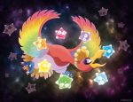  bird brown_eyes commentary creature english_commentary flying full_body gen_2_pokemon gen_7_pokemon ho-oh minior nintooner no_humans pokemon pokemon_(creature) signature space 