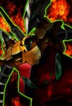  armor aura commentary_request dino_getter dino_getter-3 fiery_background fire getter_jun_optimus green_eyes green_outline highres looking_at_viewer mecha mecha_focus multicolored_armor outline red_armor robot super_robot white_armor yellow_armor 
