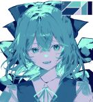  1girl 5swcf1iy8k31657 aqua_eyes aqua_hair blue_bow blue_dress bow cirno collared_shirt commentary dress fairy hair_between_eyes highres ice ice_wings looking_at_viewer medium_hair parted_lips portrait shirt smile solo touhou white_background white_shirt wings 