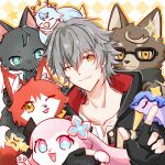  1boy animal animal_ears animal_nose animalization aqua_eyes beak bird bird_wings black-framed_eyewear black_fur black_gloves black_jacket black_swan_(honkai:_star_rail) blue_eyes blue_fur blue_veil bright_pupils brown_fur caelus_(honkai:_star_rail) caelus_(vim_and_vigor)_(honkai:_star_rail) chinese_clothes closed_eyes closed_mouth collarbone dan_heng_(honkai:_star_rail) earrings feathered_wings fingerless_gloves flower flower_ornament fox fox_ears fox_tail glasses gloves gold_earrings grey_hair hair_between_eyes halo halo_behind_head hands_up highres himeko_(honkai:_star_rail) holding holding_animal honkai:_star_rail honkai_(series) hood hooded_jacket index_finger_raised jacket jewelry lapels looking_at_viewer march_7th_(honkai:_star_rail) montokusora multicolored_eyes official_alternate_costume one_eye_closed open_clothes open_jacket open_mouth open_shirt pink_eyes pink_flower pink_fur purple_fur rabbit rabbit_ears red_fur red_jacket robin_(bird) scarf shirt short_hair smile sparkle star_(symbol) star_symbol_background sunday_(honkai:_star_rail) swan t-shirt tail trailblazer_(honkai:_star_rail) two-sided_fabric two-sided_jacket two-tone_fur upper_body veil welt_yang white_background white_fur white_pupils white_scarf white_shirt wings wolf wolf_ears wolf_tail yellow_eyes 