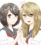  2girls absurdres black_hair blonde_hair collared_shirt couple english_text girl_friends_(manga) happy highres holding_hands interlocked_fingers kumakura_mariko long_hair multiple_girls necktie oohashi_akiko open_mouth school_uniform shiromibb shirt short_hair simple_background smile uniform white_background yellow_eyes yuri 