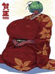 1girl absurdres black_sash breasts colored_skin commentary_request floral_print floral_print_kimono gigantic_breasts highres japan japanese_clothes kimono kneeling looking_at_viewer oni original print_kimono red_kimono red_skin sash seiza simple_background sitting smile solo warawaranka 