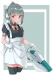  1girl absurdres alternate_costume apron black_legwear bow bowtie brown_eyes cowboy_shot enmaided green_hair hair_bow highres holding_vacuum_cleaner kantai_collection looking_at_viewer maid maid_apron ponytail smile solo thighhighs uut vacuum_cleaner white_bow yuubari_(kantai_collection) 