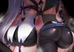  2girls absurdres arched_back ass ass_focus asymmetrical_clothes asymmetrical_docking back_cutout bare_back belt black_pants blue_belt breast_press breasts cameltoe clothing_cutout commentary_request from_behind green_shirt grey_hair highres karin_(a62826704) kunai_nakasato large_breasts long_hair lower_body median_furrow multiple_girls nijisanji nijisanji_en pants shirt shoulder_blades single_pantsleg steaming_body victoria_brightshield virtual_youtuber waist_cape 