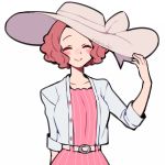  1girl artist_name belt blush brown_hair closed_eyes commentary_request do_m_kaeru dress hand_on_headwear hat hat_ribbon jacket large_hat okumura_haru persona persona_5 persona_5_scramble:_the_phantom_strikers pink_dress ribbon smile solo sun_hat upper_body white_jacket 