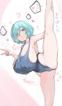  1girl bare_shoulders blue_eyes blue_one-piece_swimsuit blush breasts cleavage green_eyes green_hair heterochromia highleg highleg_one-piece_swimsuit highres huge_breasts looking_at_viewer one-piece_swimsuit original sharekoube short_hair solo split standing standing_on_one_leg standing_split sweat swimsuit thighs translation_request 