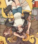  1girl animal animification black_cat black_jacket blue_eyes blue_shorts boat brown_hair cat chinese_commentary commentary_request creeper hard_hat helmet hermitcraft highres jacket llama long_hair looking_at_viewer minecraft minecraft_youtube name_tag open_clothes open_jacket open_mouth pearlescentmoon shirt shorts solo upside-down watercraft white_shirt yueshangmaowa 