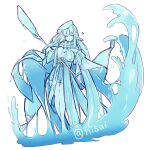  1girl beret breasts capelet commentary_request full_body groin hat hisui_(syarute) holding holding_paddle large_breasts leotard liquid_hair long_hair looking_at_viewer open_mouth original paddle pointy_ears simple_background smile solo undine white_background 