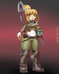  2020 4:5 animal_crossing anthro armor blonde_hair blush blush_stickers canid canine canis crossover digital_media_(artwork) dipstick_tail domestic_dog doom female green_eyes gun hair headgear helmet hi_res holding_gun holding_object holding_weapon isabelle_(animal_crossing) mammal mr-shin multicolored_tail navel nintendo open_mouth open_smile ranged_weapon shih_tzu shotgun smile solo teeth toy_dog video_games weapon 