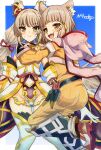  2girls animal_ears blue_background bodysuit border cat_ears cat_girl commentary_request cowboy_shot dress dual_persona grey_hair highres hood hood_down long_hair multiple_girls nanoty nia_(blade)_(xenoblade) nia_(xenoblade) short_hair white_border white_dress xenoblade_chronicles_(series) xenoblade_chronicles_2 yellow_bodysuit yellow_eyes 