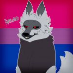 anthro bisexual bisexual_pride_colors canid canine canis cheek_tuft cloak clothed clothing death_(puss_in_boots) dreamworks ears_up facial_markings facial_tuft female fluffy fluffy_tail fur fuzzy gold_(metal) gold_tooth grey_body grey_fur grin hakota half-closed_eyes head_markings hi_res lgbt_pride male mammal markings mask_(marking) narrowed_eyes neck_tuft outline pointy_ears poncho prick_ears pride_color_background pride_colors puss_in_boots_(franchise) red_eyes simple_background smile solo standing tail teeth text tuft wolf