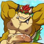  1:1 2019 anthro balls big_penis bodily_fluids bowser bracelet collar genital_fluids genitals hair hands_behind_head hi_res horn humanoid_genitalia humanoid_penis jewelry koopa male mammal mario_bros mrkatman muscular muscular_male nintendo nipples penis precum red_eyes red_hair scalie sharp_teeth shell smile smirk solo spiked_bracelet spiked_collar spikes teeth vein veiny_penis video_games 