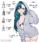  1girl :3 :p aqua_hair bikini blush breasts choker cleavage collarbone commentary contrapposto cowboy_shot drawstring earrings english_commentary english_text eyelashes fishnet_thighhighs fishnets flower_earrings green_eyes grey_jacket hair_between_eyes highres hood hood_up hooded_jacket jacket jewelry long_hair long_sleeves looking_at_viewer medium_breasts mole mole_on_breast mole_on_collarbone mole_on_thigh multiple_moles no_pants original paid_reward_available partially_unzipped patreon_username qiandaiyiyu raised_eyebrow rin_(qiandaiyiyu) silver_bikini silver_choker simple_background skindentation sleeves_past_wrists solo swimsuit thigh_gap thighhighs thighs tongue tongue_out twitter_strip_game web_address white_background 