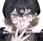  1girl aegyo_sal artist_name bandaid bandaid_on_cheek bandaid_on_face beret black_hair bow braid brown_hair caru_c1 cat_face_sticker commentary double_bun ear_piercing food-themed_hair_ornament hair_between_eyes hair_bow hair_bun hair_ornament hairclip hand_up hat heart heart_sticker highres long_hair multicolored_eyes multicolored_hair original parted_lips piercing portrait purple_bow simple_background solo sticker sticker_on_face straight-on strawberry_hair_ornament twin_braids two-tone_eyes two-tone_hair white_background 