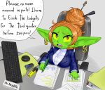 2025 bodily_fluids breasts computer_keyboard dialogue ear_piercing ear_ring english_text female goblin green_body green_skin hair hair_bun holding_object holding_pen humanoid humanoid_pointy_ears mario-grant ms._nasbh'ke_(mario-grant) not_furry office office_clothing paperwork pen piercing pointy_ears ring_piercing shortstack shortstack_female solo stressed sweat sweatdrop tears text