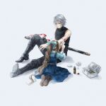  1boy 1girl aerith_gainsborough aqua_ribbon aqua_shirt bare_shoulders black_boots black_pants black_shirt blood blood_on_arm blue_dress boots bottle brown_boots bruise bruise_on_arm bruise_on_face commentary_request dress fanqianshu final_fantasy final_fantasy_vii final_fantasy_vii:_ever_crisis final_fantasy_vii_remake first_aid_kit flying_sweatdrops full_body gauze green_eyes grey_background grey_hair hair_between_eyes hair_ribbon highres injury katana kneeling long_hair pants parted_bangs ponytail ribbed_shirt ribbon sephiroth sephiroth_(ever_crisis) shirt shirt_under_dress short_hair sleeveless sleeveless_turtleneck sword turtleneck weapon 