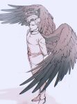  1boy angel_wings arms_behind_back chi.:_chikyuu_no_undou_ni_tsuite closed_mouth feathered_wings greyscale grntr_260106 halo high_collar highres jacket looking_at_viewer male_focus monochrome pants rafal_(chi.) short_hair solo spread_wings standing wings 