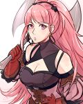  1girl axe breasts cleavage earrings fire_emblem fire_emblem:_three_houses gloves hilda_valentine_goneril holding holding_axe jewelry kokomi_(aniesuakkaman) long_hair parted_lips pink_eyes pink_hair ponytail simple_background solo upper_body white_background 