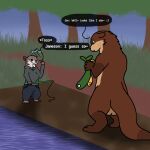 anthro aquatic balls barely_visible_genitalia big_balls bottomwear brown_body brown_eyes brown_fur chest_tuft clothing comic denim denim_bottomwear denim_clothing dialogue duo fish fishing_rod fur genitals grass green_clothing jameson jav_(zlite) jeans looking_down looking_down_at_another male mammal mustelid neck_tuft otter pants path plant seductive semi-anthro sky speech_bubble tail tan_body teasing throwing tree tuft zlite