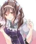  1girl alternate_hairstyle ashigara_(kantai_collection) black_ribbon brown_eyes brown_hair curry food hairband holding holding_plate kantai_collection long_hair looking_at_viewer neck_ribbon plate ponytail purple_apron ribbon saiko_(saisaka) shirt smile solo twitter_username upper_body white_hairband white_shirt 