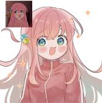 1girl :d aoirnn artist_name averting_eyes blue_eyes blush_stickers bocchi_the_rock! commentary cube_hair_ornament facing_viewer gotoh_hitori hair_ornament highres jacket long_hair one_side_up open_mouth pink_hair pink_jacket raised_inner_eyebrows reference_inset signature smile solo sparkle track_jacket upper_body 