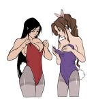  2girls adjusting_clothes adjusting_leotard aerith_gainsborough bare_arms bare_shoulders black_hair braid braided_ponytail breasts brown_hair cleavage cowboy_shot cropped_legs final_fantasy final_fantasy_vii frown furrowed_brow grey_pantyhose hair_ribbon highleg highleg_leotard highres kaciart large_breasts leotard long_hair medium_breasts multiple_girls pantyhose parted_bangs pink_ribbon playboy_bunny purple_leotard rabbit_tail red_leotard red_lips ribbon sidelocks single_braid strapless strapless_leotard tail tifa_lockhart white_background 