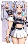  1girl absurdres bare_legs bare_shoulders belt black_belt black_choker blowing_bubble_gum breasts buckle chewing_gum choker collarbone commentary cropped_shirt earrings elf english_commentary food frieren full_body green_eyes heart heart-shaped_buckle heart_choker high_heels highres holding holding_food holding_popsicle jewelry legs long_hair long_pointy_ears long_sleeves looking_at_viewer midriff multiple_views navel off-shoulder_shirt off_shoulder parted_bangs pointy_ears popsicle sarukaiwolf shirt skirt small_breasts sousou_no_frieren sparkle striped_clothes striped_shirt twintails white_hair white_skirt 